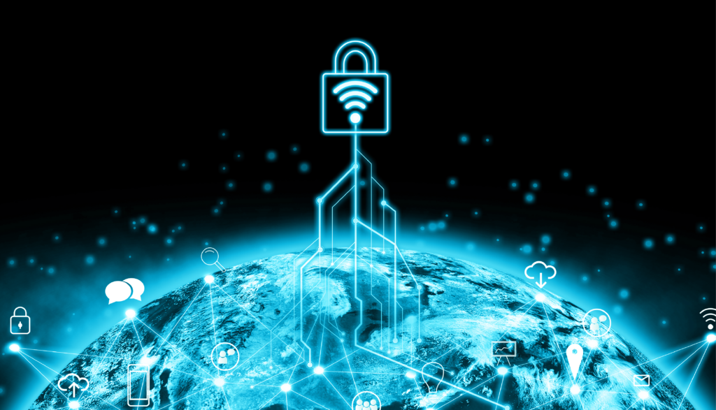 Digital Composite Image Globe and Lock Secure Connectivity and Data Protection Icons.